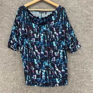 Apt. 9 Blouse Women L Large Blue Geometric Short Sleeve Round Neck Rayon Casual